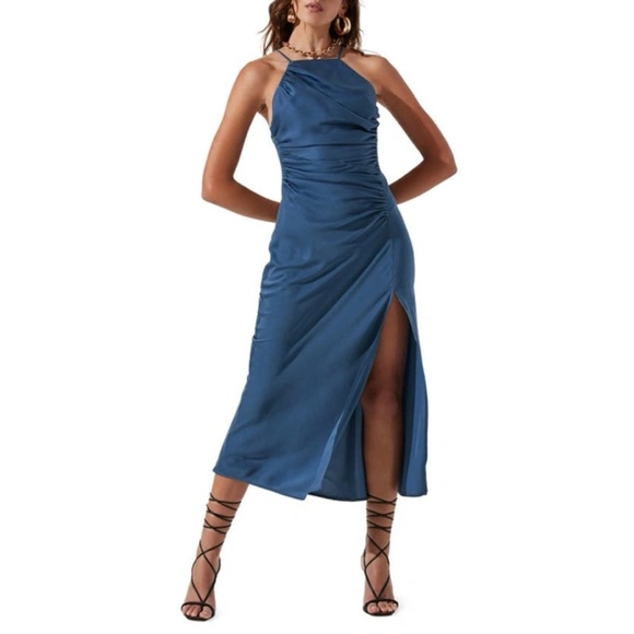 ASTR The Label Halter Neck Satin Maxi Dress In Steel Blue - Picture 1 of 9